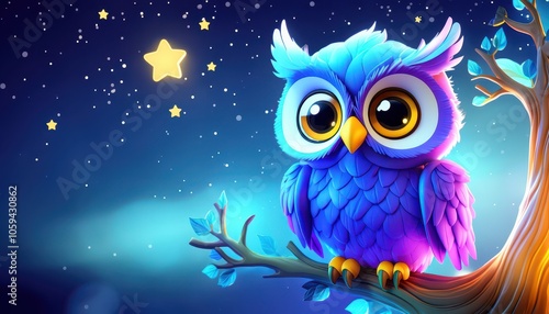 A whimsical, colorful owl perched on a branch under a starry night sky.