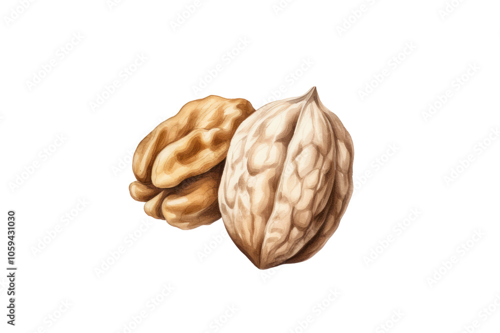 Fresh walnuts depicted in watercolor technique close-up on white background. Ideal for food blogs, packaging and promotional Fresh walnuts depicted in watercolor technique close-up on white background. Ideal for food blogs, packaging and promotional