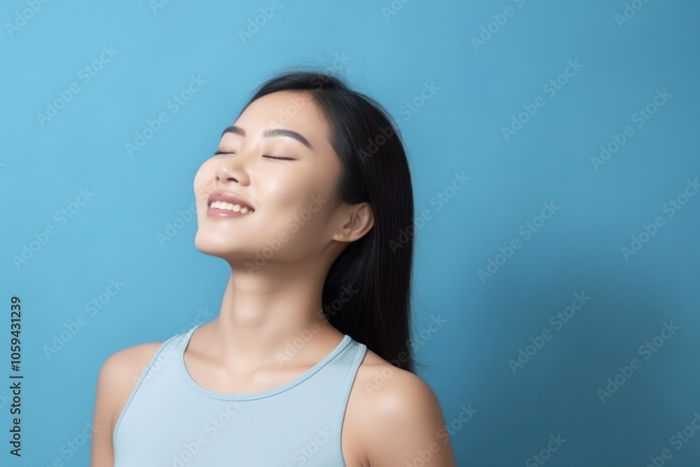 Young woman with closed eyes breathing in fresh air while smiling and enjoying a moment of peace Young woman with closed eyes breathing in fresh air while smiling and enjoying a moment of peace