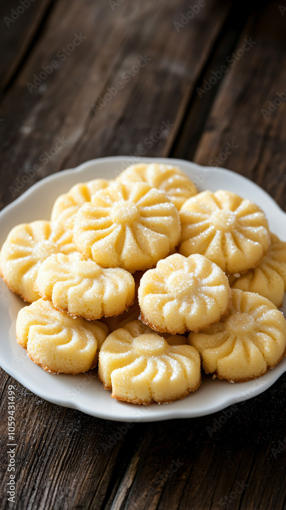 Delicious flower shaped cookies sprinkled with sugar are lying on white plate on old wooden table Delicious flower shaped cookies sprinkled with sugar are lying on white plate on old wooden table
