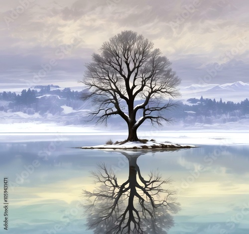 Illustration of lonely tree with winter landscape.