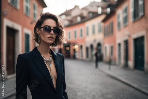 A glamorous woman poses against the backdrop of an ancient city, combining style with a historical atmosphere and unique architecture