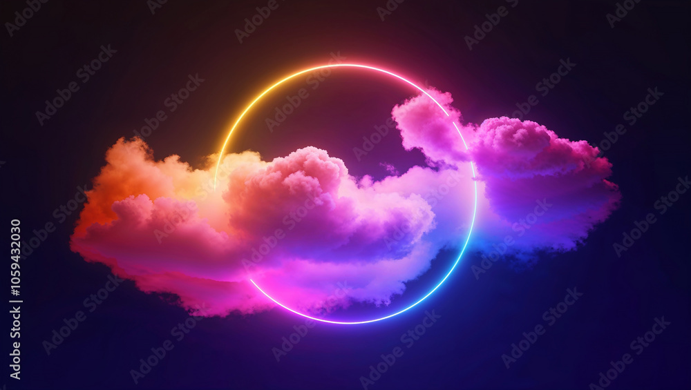 Colorful cloud with vibrant glowing circle against dark background. Colorful cloud with vibrant glowing circle against dark background.