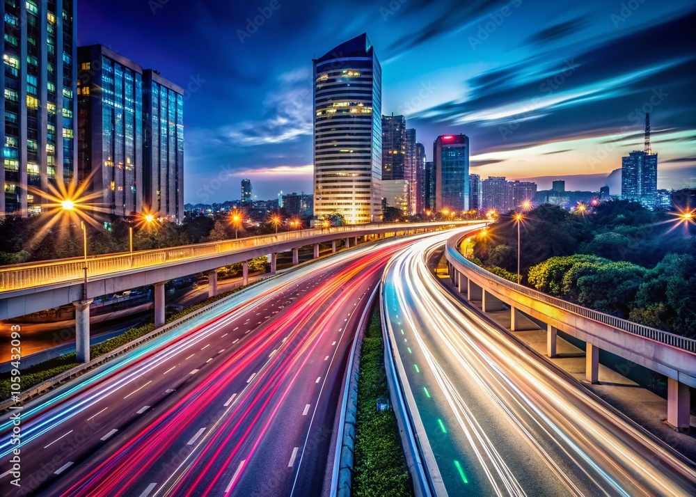 Stunning Long Exposure Traffic on Highway at Night with Colorful Light Trails, Cityscape, Motion Blur, Urban Landscape, Night Photography, Modern Infrastructure, and Highways Stunning Long Exposure Traffic on Highway at Night with Colorful Light Trails, Cityscape, Motion Blur, Urban Landscape, Night Photography, Modern Infrastructure, and Highways