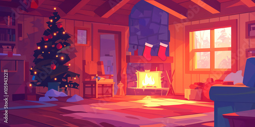 Christmas Eve Cabin: Cozy cabin room with a fireplace, stockings, and a Christmas tree glowing with ornaments