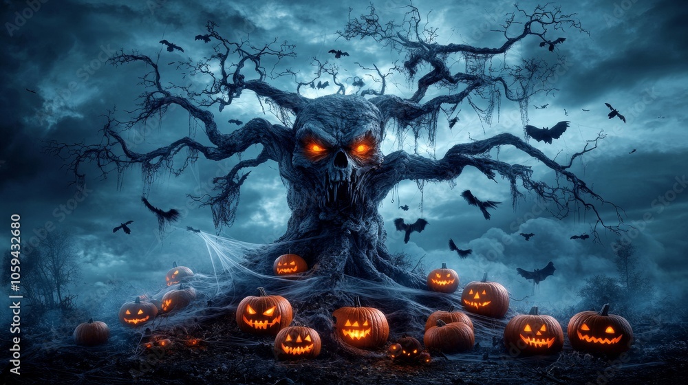 Spooky halloween tree with glowing eyes and pumpkins surrounded by bats and crows Spooky halloween tree with glowing eyes and pumpkins surrounded by bats and crows