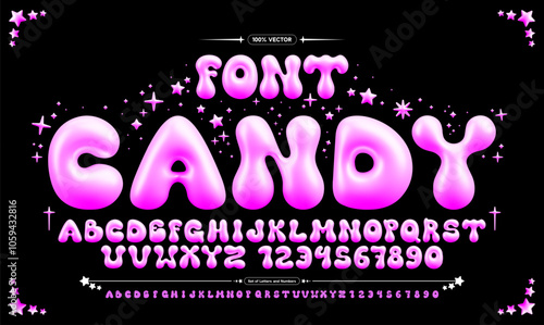 Glossy candy bubble font. Inflated alphabet, 3D pink ballon letters and numbers. Vector set	
