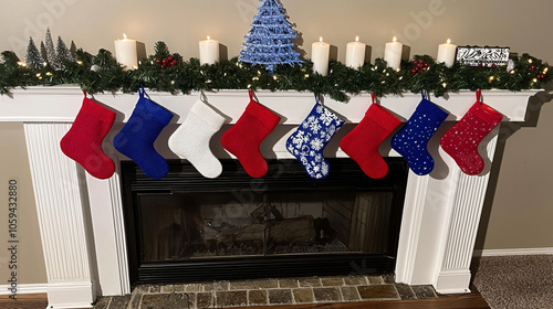 Festive display of christmas stockings and hanukkah candles adorning a cozy mantelpiece with holiday cheer photo