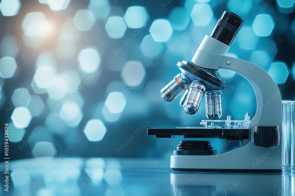 Microscope with slides illuminated against a blurred bokeh background in a laboratory setting Microscope with slides illuminated against a blurred bokeh background in a laboratory setting