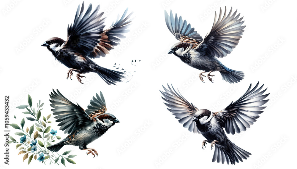 Fototapeta premium Four Sparrows in Flight.