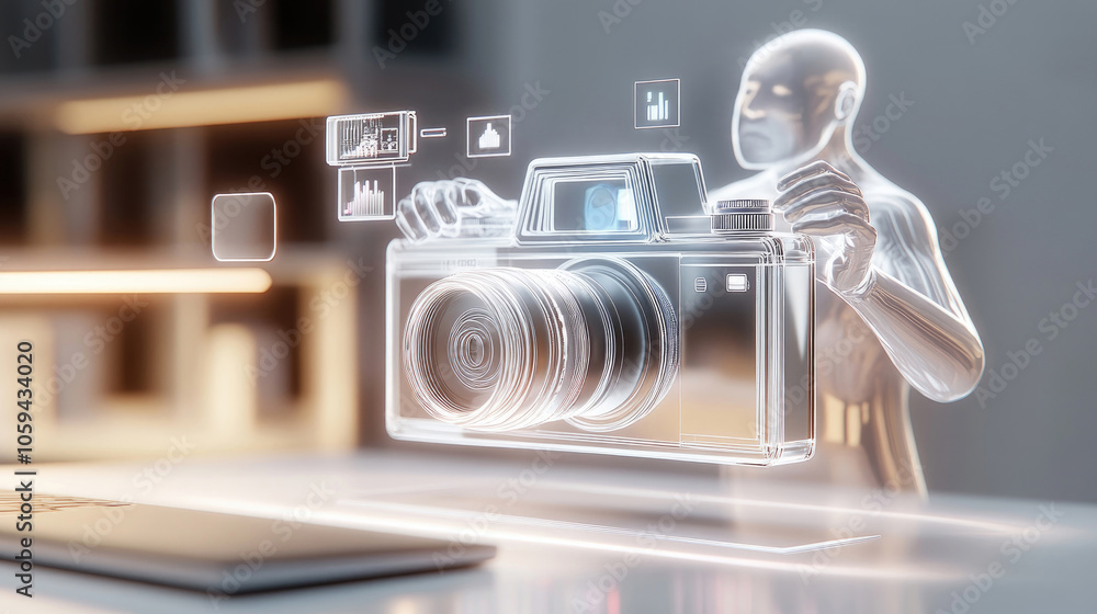 Transluzente KI-Figur beim Bedienen einer holografischen Kamera – futuristische Fototechnologie Transluzente KI-Figur beim Bedienen einer holografischen Kamera – futuristische Fototechnologie
