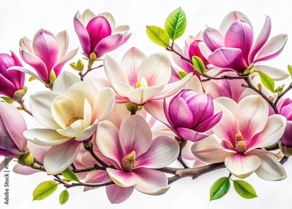 Fototapeta premium Stunning Panoramic View of Magnolia Flowers on White Background - Beautiful Floral Photography, High Resolution, Nature Aesthetics, Elegant Blooms, Fresh Spring Vibes, Decorative Floral Art
