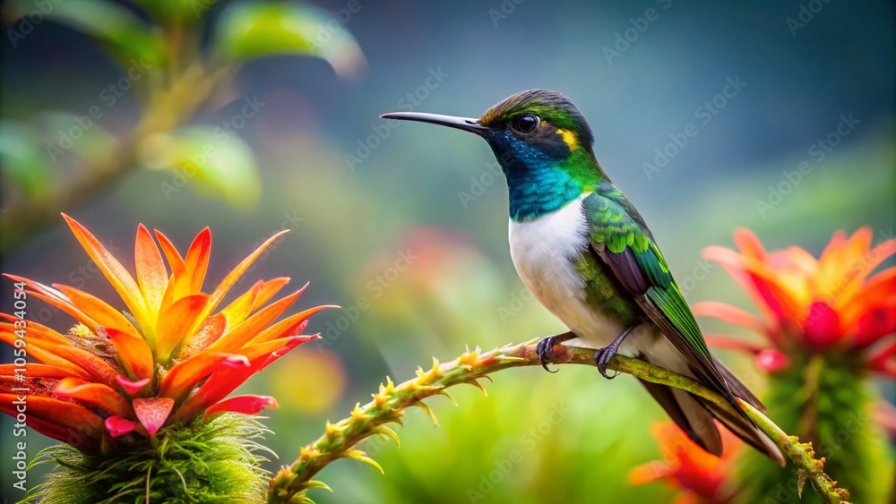 Fototapeta premium Stunning Panoramic View of Collared Inca Hummingbird in Andean Forests, Capturing Its Unique White Chest Patch and Feeding Habits on Bromeliads in South America