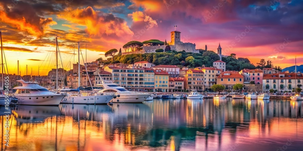 Stunning Panoramic View of Cannes with Elegant Yachts, Historic Architecture, and Majestic Hilltop Castle Stunning Panoramic View of Cannes with Elegant Yachts, Historic Architecture, and Majestic Hilltop Castle