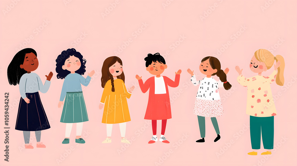 Diverse young girls happily interacting in colorful setting Diverse young girls happily interacting in colorful setting