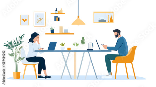 Remote work couple collaborating in modern workspace with plants