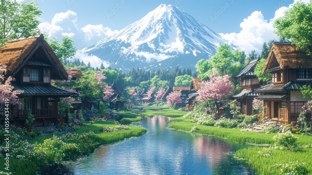 Naklejka premium Japanese Village Landscape