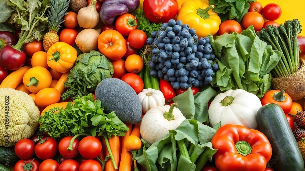 Bright and cheerful yellow background with an assortment of vibrant fresh fruits and vegetables, ingredient, diet, fruits Bright and cheerful yellow background with an assortment of vibrant fresh fruits and vegetables, ingredient, diet, fruits