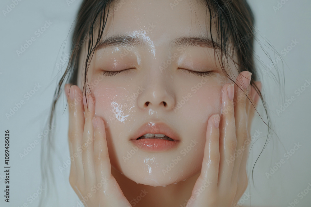 Beautiful Asian woman with closed eyes on white background. Close-up portrait of young girl after washing face and removing makeup for beautiful, fresh, glowing complexion. High quality photo Beautiful Asian woman with closed eyes on white background. Close-up portrait of young girl after washing face and removing makeup for beautiful, fresh, glowing complexion. High quality photo