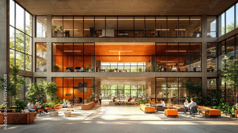 Modern Office Space with Open Layout and Greenery Modern Office Space with Open Layout and Greenery