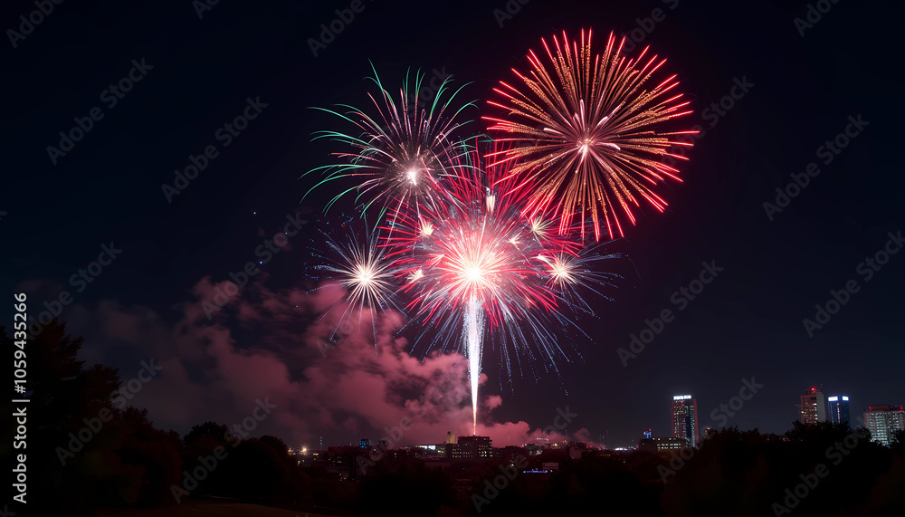 Red and green fireworks lighting up night sky over city Red and green fireworks lighting up night sky over city
