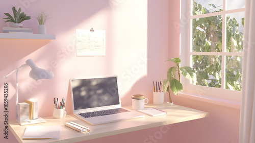 Wallpaper Mural cozy workspace with laptop, plants, and natural light Torontodigital.ca