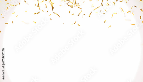 Gold confetti falling on blank white background