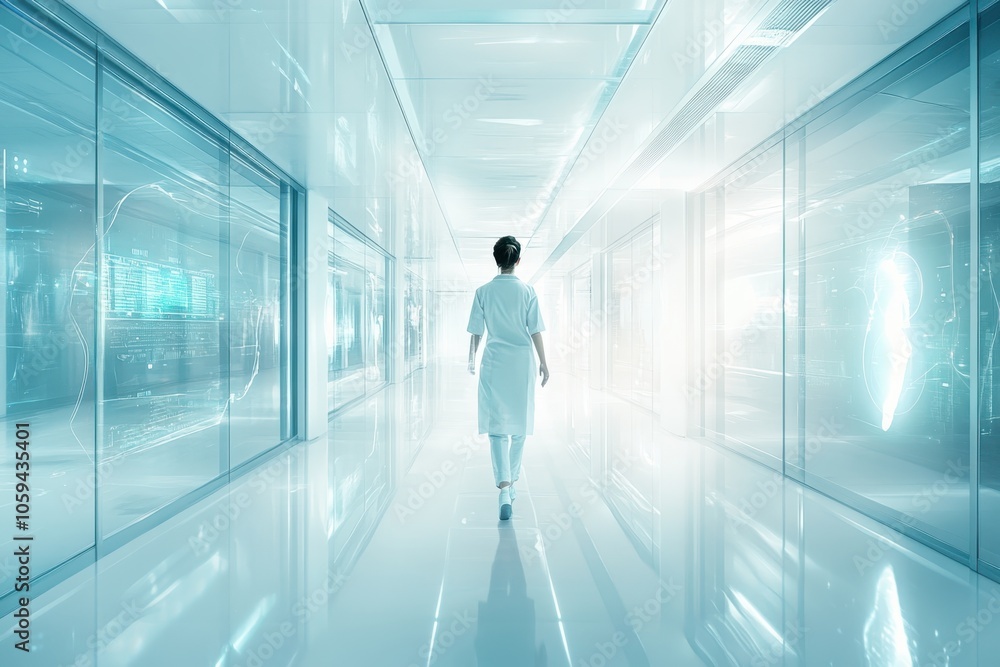 Health professional walking through a futuristic medical facility corridor on a bright day Health professional walking through a futuristic medical facility corridor on a bright day