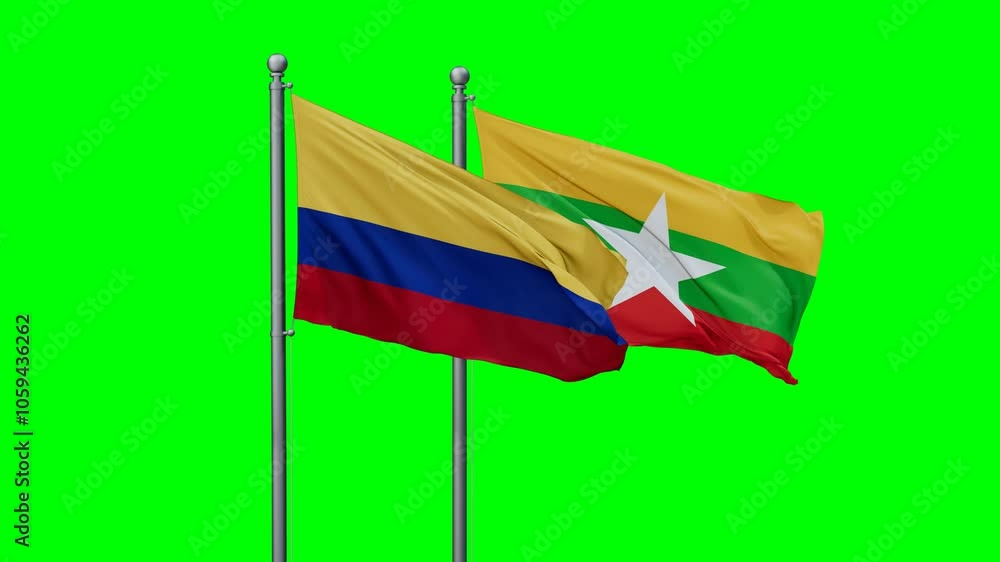 Myanmar aka Burma and Colombia flags flying together, video concept of the relationship with colored chroma key for easy background remove Myanmar aka Burma and Colombia flags flying together, video concept of the relationship with colored chroma key for easy background remove