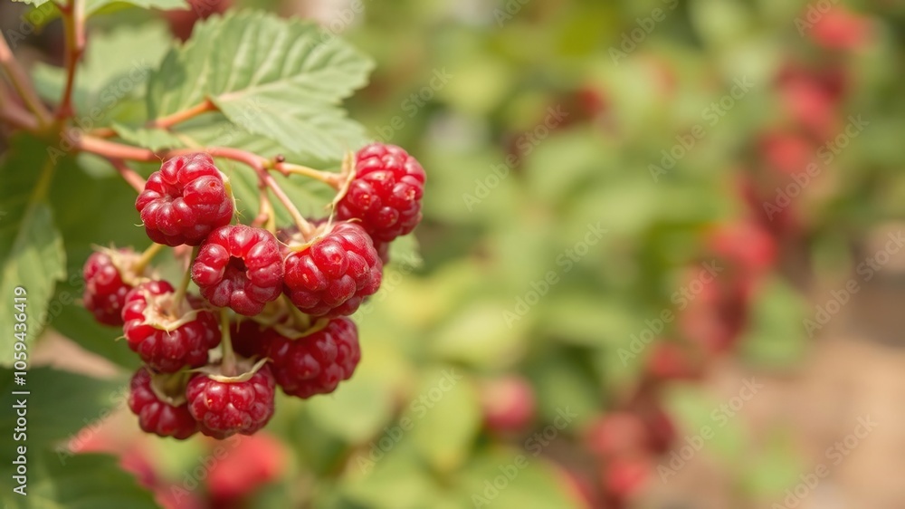 Close-up of a branch of ripe red raspberries in a vibrant garden setting, agriculture, juicy Close-up of a branch of ripe red raspberries in a vibrant garden setting, agriculture, juicy