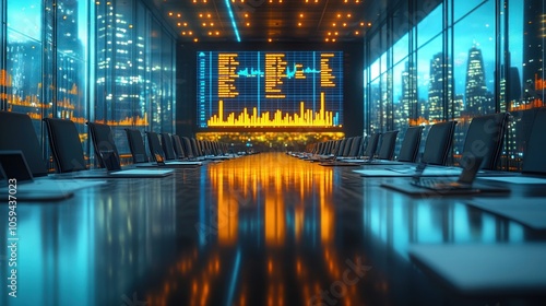 Wallpaper Mural A modern, sleek conference room with a large screen displaying financial data. The room is situated in a skyscraper with a view of a city skyline at night.  Torontodigital.ca