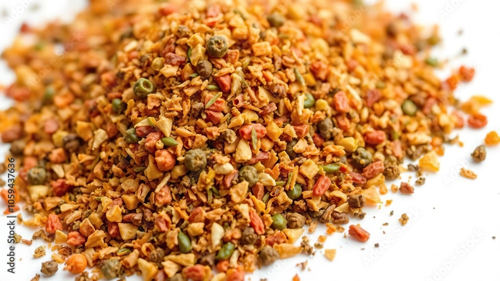 Close up of a small pile of dried green and red pepper flakes on a white background, pile, flakes, close up Close up of a small pile of dried green and red pepper flakes on a white background, pile, flakes, close up