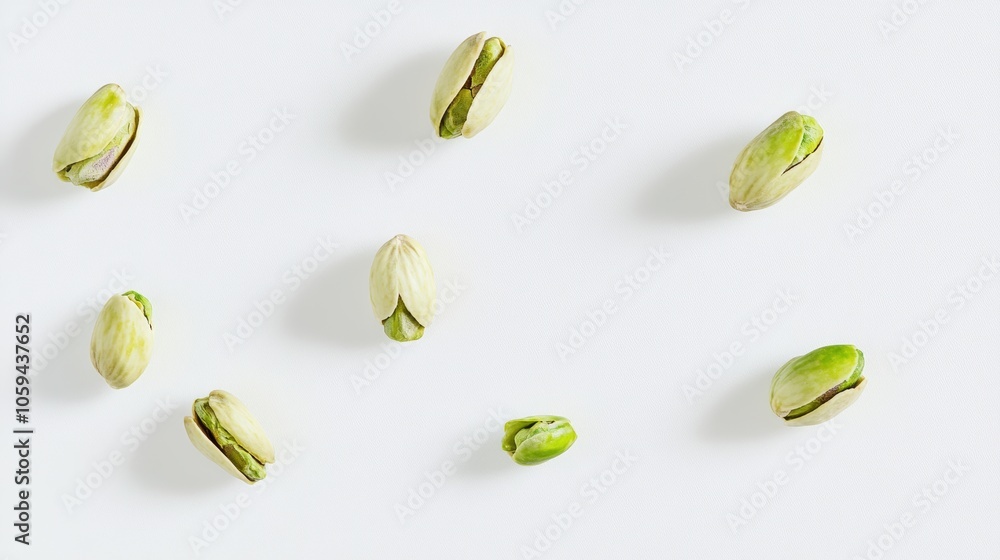 Pistachios scattered on a white background creating a pattern Pistachios scattered on a white background creating a pattern