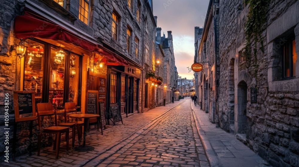 Fototapeta premium Charming cobblestone street in an old European town with warm lights and historic buildings