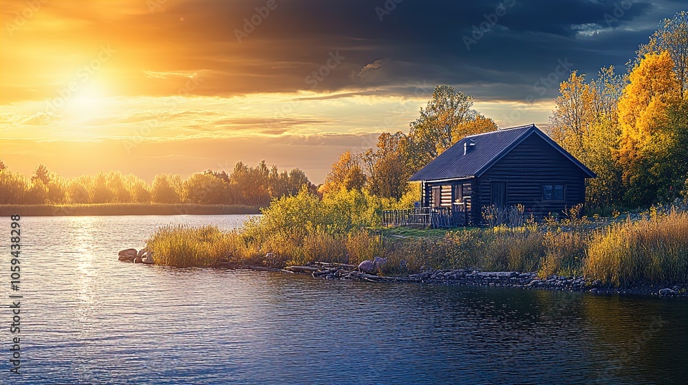 Fototapeta premium Serene Lakeside Escape: Rustic Cabin Embraced by Autumn Foliage at Golden Hour - Perfect for Tranquil Home Decor or Nature-Inspired Wall Art
