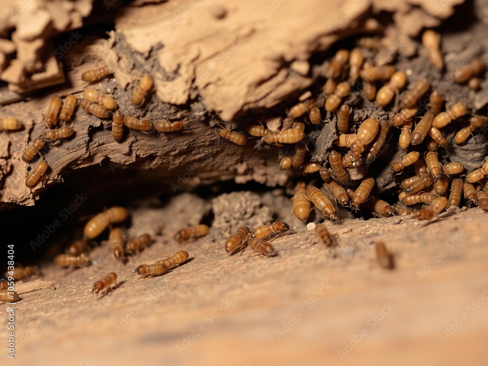 Close-up of drywood termite burrowed inside a piece of wooden furniture, larvae, pest control Close-up of drywood termite burrowed inside a piece of wooden furniture, larvae, pest control