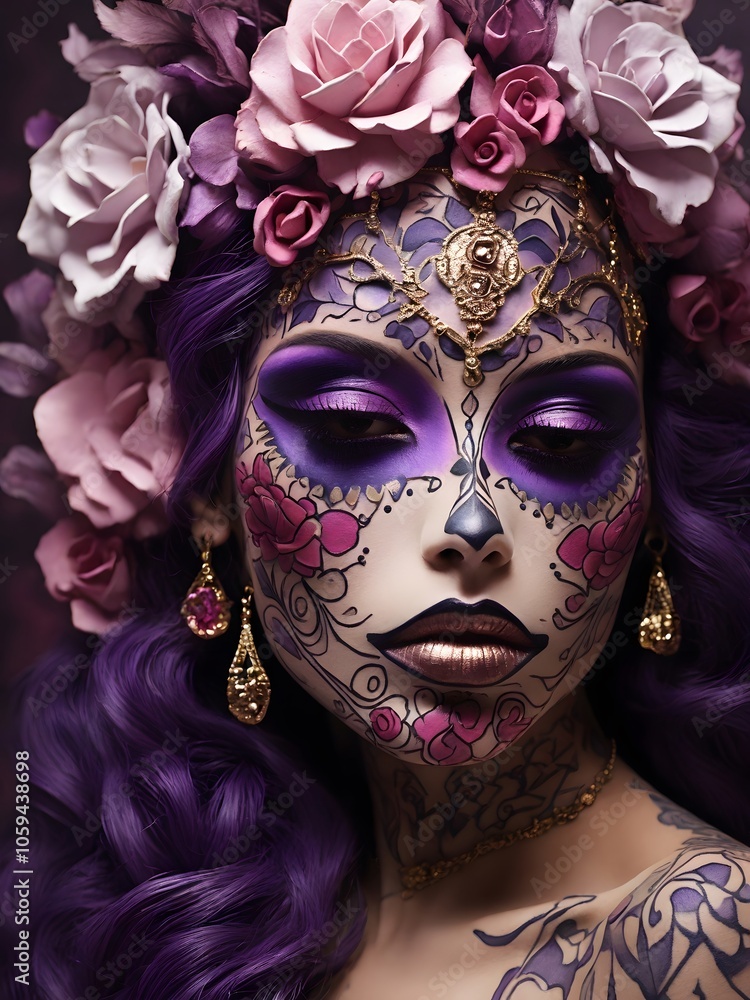 Carnival Beauty: Woman in Purple Floral Fantasy Carnival Beauty: Woman in Purple Floral Fantasy