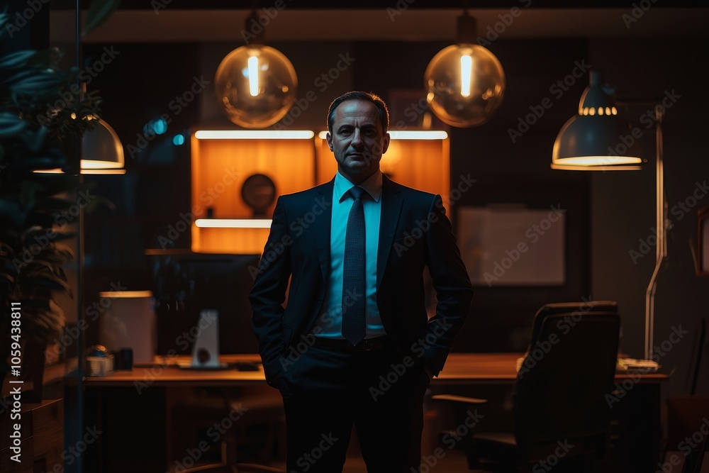 A businessman dressed in formal attire standing confidently in a well-lit office representing corporate success and professionalism A businessman dressed in formal attire standing confidently in a well-lit office representing corporate success and professionalism