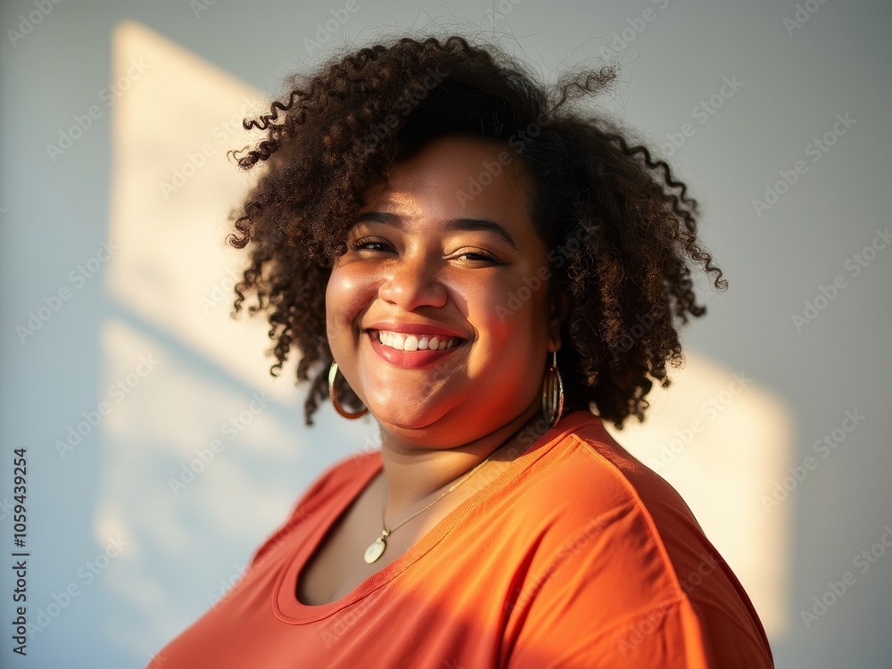 Fototapeta premium Radiant smiling woman in orange shirt with natural curly hair in sunlight