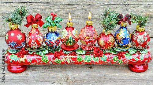 Festive menorah candles glow amidst vibrant christmas ornaments blending traditions in a colorful holiday display photo