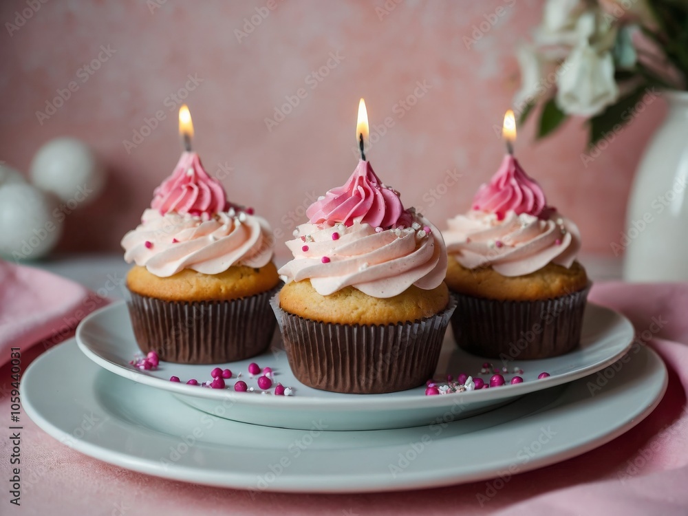 Pink Birthday Cupcakes with Candles Pink Birthday Cupcakes with Candles