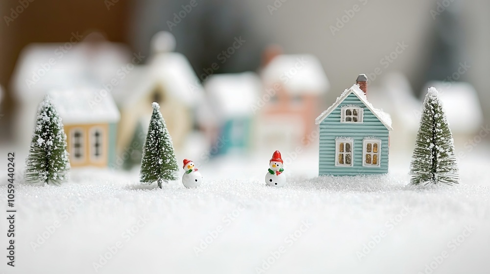 Miniature 3D Christmas village on a white surface with tiny snowmen and trees. Miniature 3D Christmas village on a white surface with tiny snowmen and trees.