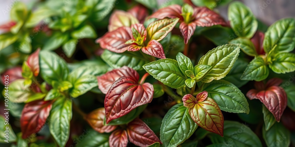 Close-up shot of vibrant red rubin basil leaves creating a textured background, aromatic, medical, natural Close-up shot of vibrant red rubin basil leaves creating a textured background, aromatic, medical, natural