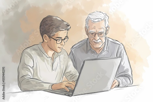 Elderly people using laptops, focused on technology and online communication, symbolizing digital literacy and connectivity in modern society, learning new skills together Seniors working on laptops, 