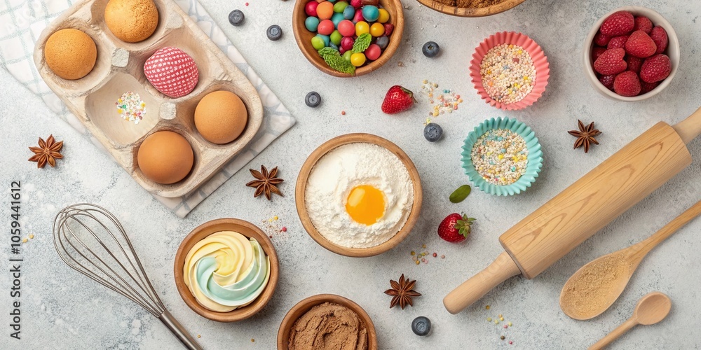 Surreal Composition of Baking Pastry Ingredients with Wooden Utensils on Light Stone Concrete, Capturing the Essence of Surreal Composition of Baking Pastry Ingredients with Wooden Utensils on Light Stone Concrete, Capturing the Essence of