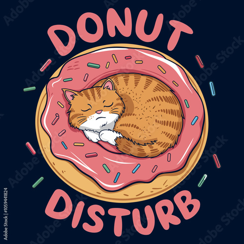 Donut Disturm - Cute Cat Sleeping on Pink Donut - T-Shirt Print Design