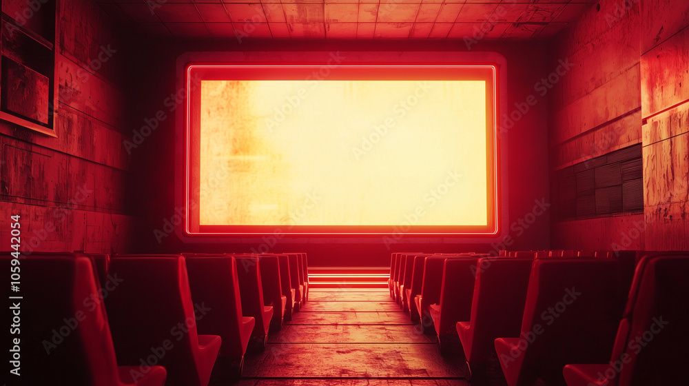 Fototapeta premium Empty movie theater with glowing neon screen in a red-lit, industrial setting