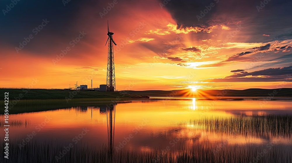 Stunning Sunset Over Serene Lake: A Towering Wind Turbine Silhouette - Perfect for Eco-Friendly Sports Interior Posters Stunning Sunset Over Serene Lake: A Towering Wind Turbine Silhouette - Perfect for Eco-Friendly Sports Interior Posters