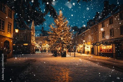 winter christmas European town streets landscape with festive decorations and xmas tree with snow falling at night