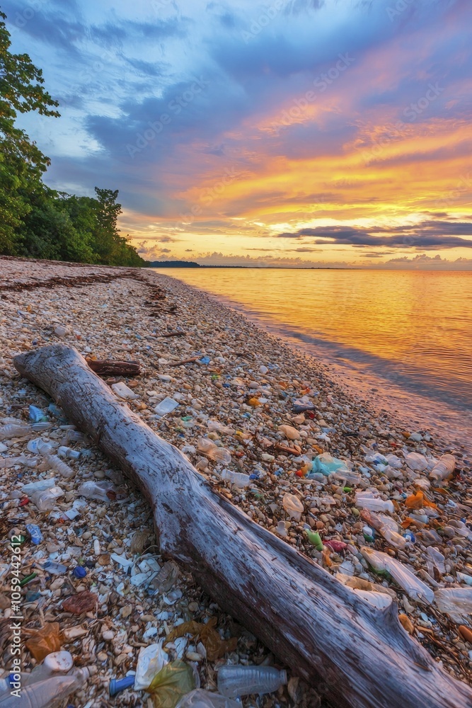 Biodiversity decline evident on a deserted beach strewn with plastic litter, environmental theme, vivid hues, glowing sunset ambiance. Biodiversity decline evident on a deserted beach strewn with plastic litter, environmental theme, vivid hues, glowing sunset ambiance.